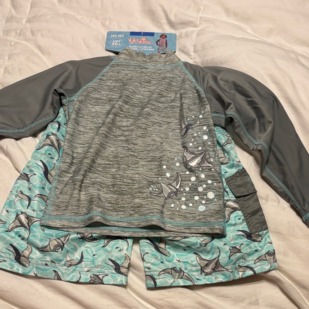 Skin Kids Swim Rashguard 3 PC Set - Gray and Blue Shark Print NWT